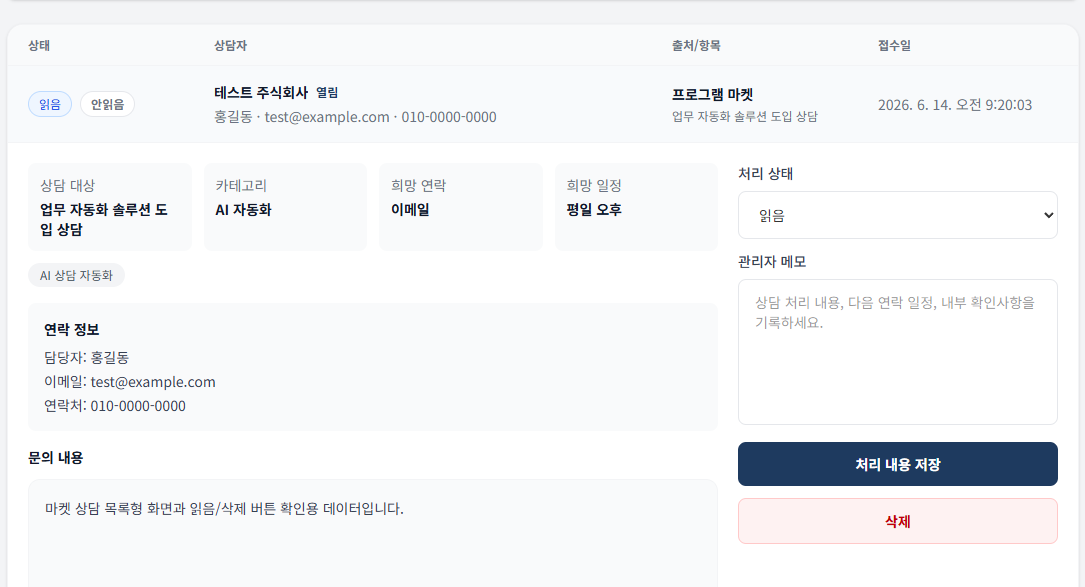 System - Admin Market Inquiries Detail & Action Section